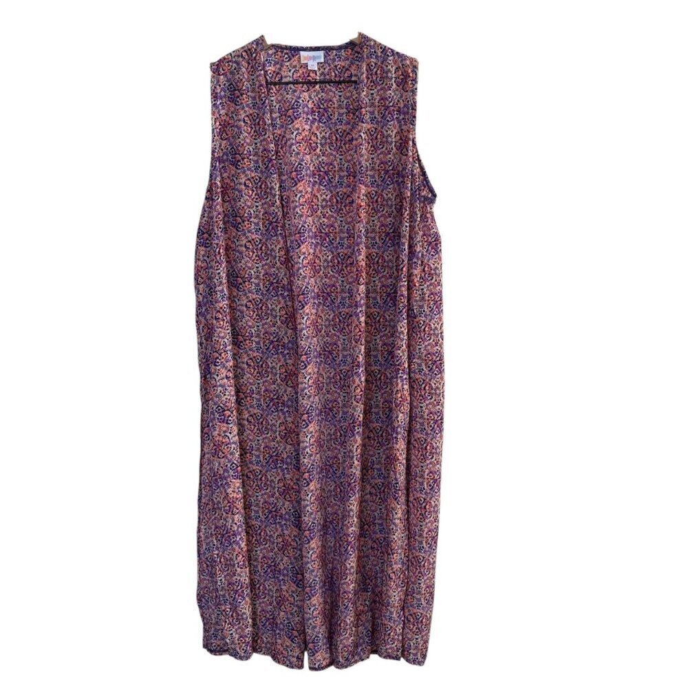 LuLaRoe Joy Vest Medium Longline Sleeveless Orange Purple Beige Lightweight Laye